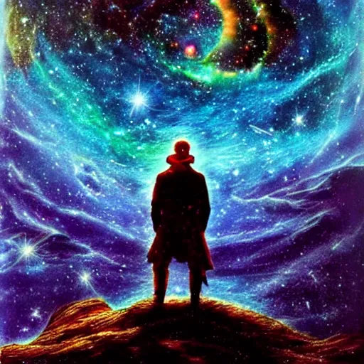 Image similar to a futuristic wanderer gazing into a universe full of mystical colorful light nebulae and galaxies in the style artstyle of caspar david friedrich, mythic color scheme