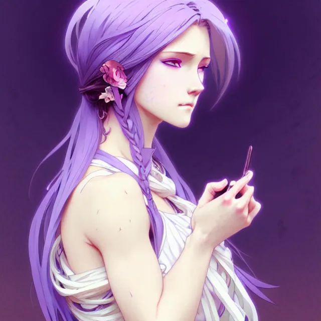 Prompt: anime girl with flowing lavender hair, purple eyes and white dress, profile photo, digital artwork, very beautiful face, extremely detailed art by greg rutkowski and alphonse mucha