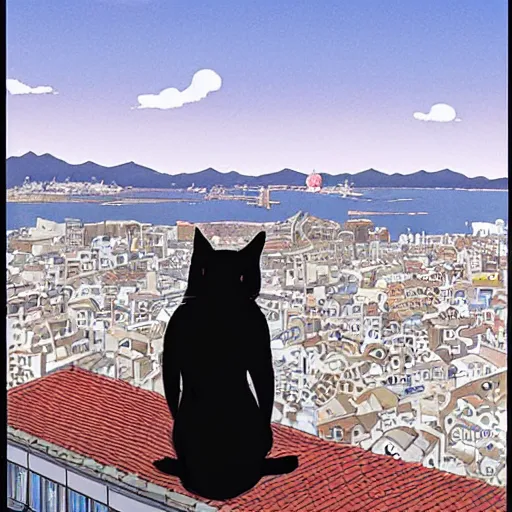 Image similar to a black cat girl looking out over a city, Miyazaki, studio ghibli