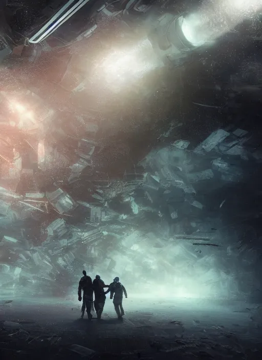 Image similar to concept art by craig mullins infrared complex and hyperdetailed astronauts hugging in futuristic dark and empty spaceship underwater. reflection and dispersion materials. rays and dispersion of light. volumetric light. 5 0 mm, f / 3 2. noise film photo. flash photography. unreal engine 4, octane render. interstellar poster. dramatic light.