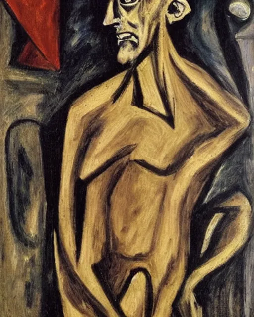 Image similar to Max Beckmann. El Greco. Oil on canvas. Portrait of a demon.