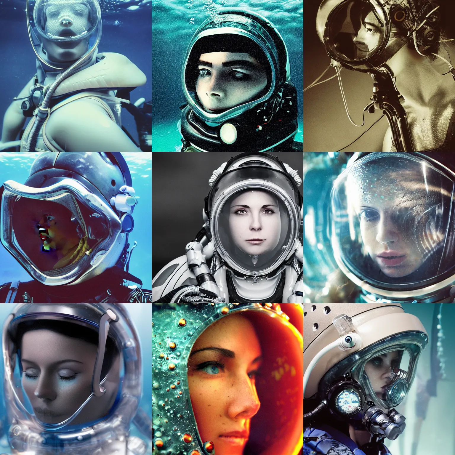 Prompt: beautiful extreme closeup portrait photo in style of frontiers in human deep diving helmet science fashion magazine retrofuturism underwater edition, highly detailed, focus on face, soft lighting