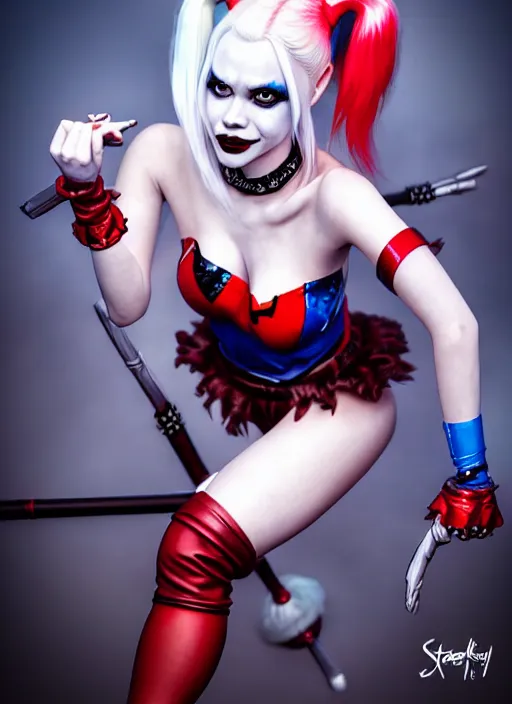 Image similar to photo of kerli koiv as harley quinn in the style of stefan kostic, realistic, half body shot, sharp focus, 8 k high definition, insanely detailed, intricate, elegant, art by stanley lau and artgerm, foggy backgeound