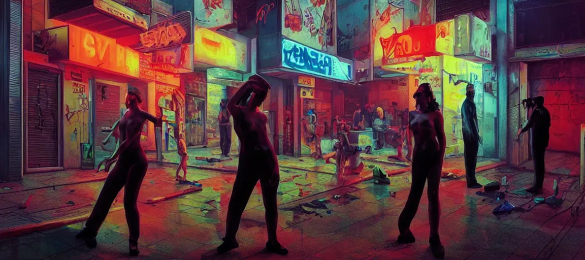 Image similar to weird and disturbing portrait of violent crime in the streets of tel aviv, vivid colors, neon, art by gregory crewdson and artgerm and wlop and william - adolphe bouguereau