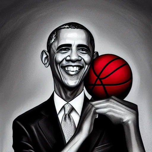 Image similar to Obama holding a basketball in his right hand in a black background, detail, 8k, digital painting, official media, illustration