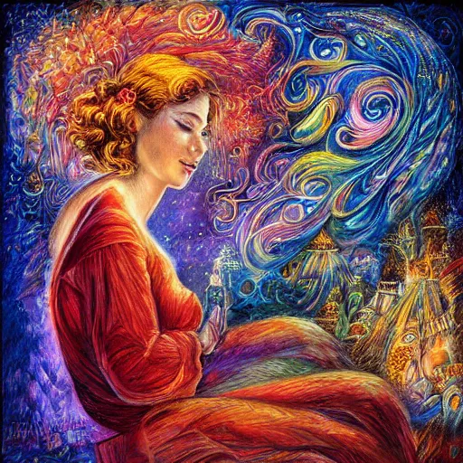 Image similar to album cover design by Josephine Wall, fireworks and cozy nook, digital art