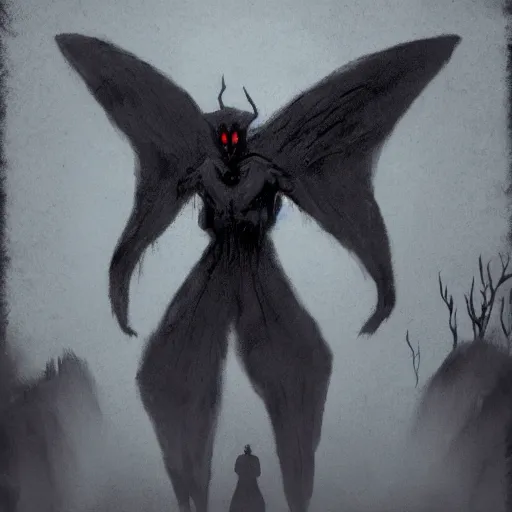 Image similar to a concept art of the mothman, horror vibe, creepy atmosphere, night time, old photo