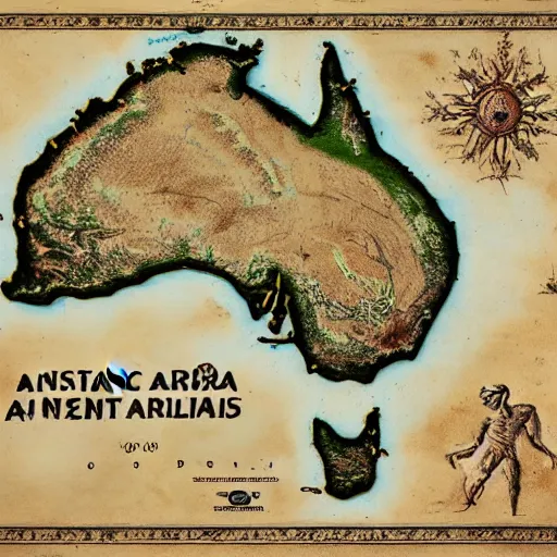 Image similar to recently rediscovered map of ancient Australia, 8k scan, colorized