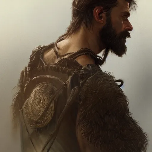 Prompt: back portrait of a rugged ranger, full body, hairy torso, medium-length hair, D&D, fantasy, intricate, elegant, highly detailed, digital painting, artstation, concept art, matte, sharp focus, illustration, art by Artgerm and Greg Rutkowski and Alphonse Mucha