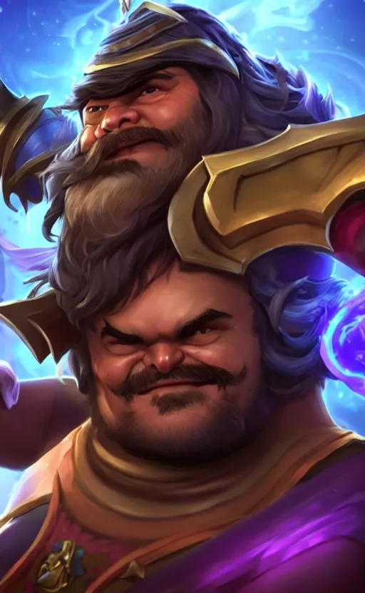 Image similar to Jack Black as a character in the game League of Legends, with a background based on the game League of Legends, detailed face, old 3d graphics