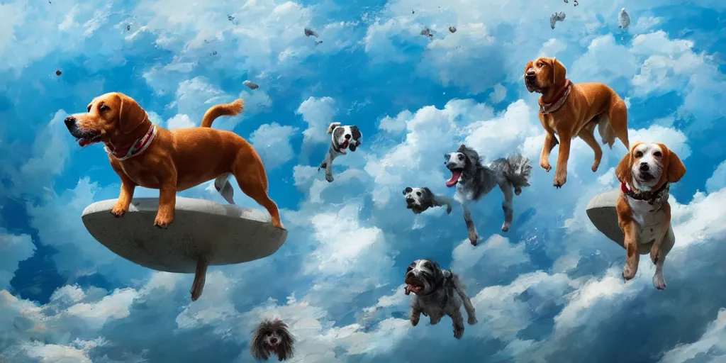 Image similar to Floating doggos saying MUCH WOWover a blue ocean, Darek Zabrocki, Karlkka, Jayison Devadas, Phuoc Quan, trending on Artstation, 8K, ultra wide angle, pincushion lens effect.