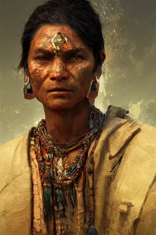 Image similar to aztec citizen, close - up portrait, poor, intricate, elegant, volumetric lighting, scenery, digital painting, highly detailed, artstation, sharp focus, illustration, concept art, ruan jia, steve mccurry