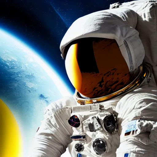 Image similar to astronaut in space, galactic background reflections on suit on one side and a yellow planet on the other side