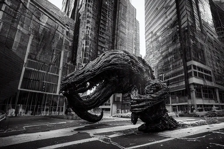 Prompt: Ominous still of Gargantuan, Mastodonic, Inter-Dimensional Behemoth Entity Monster designed by Moebius, GANTZ, H.R. Giger at devastated Toronto downtown district, chaotic riots in 2022, Canon EOS R3, f/1.4, ISO 200, 1/160s, 8K, RAW, unedited, symmetrical balance, in-frame, documentary photography, colorful