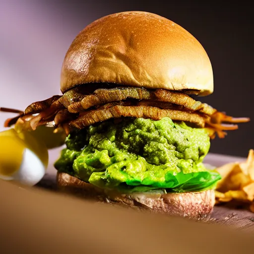 Prompt: juicy vegan hamburger topped with guacamole and crispy fried onion and a fried egg, crispy buns, 8 k resolution, professional food photography, studio lighting, sharp focus, hyper - detailed