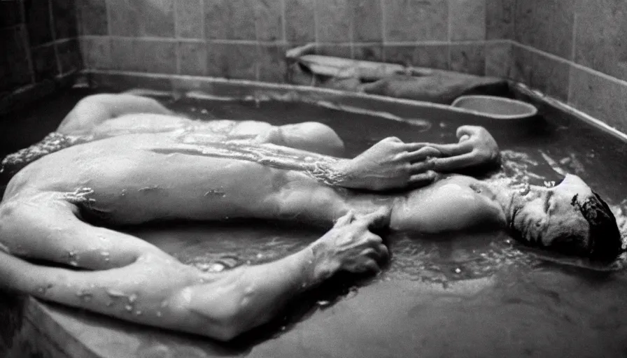 Prompt: hyper detailed movie still of marat knife at the chest, in a bath flooded with blood, cinestill 8 0 0 t 3 5 mm, high quality, heavy grain, high detail, cinematic composition, dramatic light, anamorphic, ultra wide lens, hyperrealistic, by josef sudek