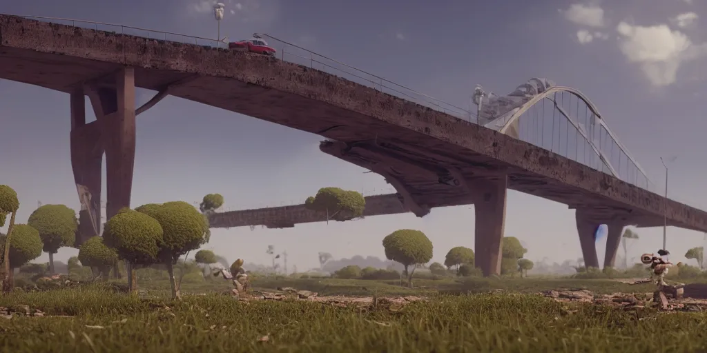 Image similar to a big bridge destroyed by cotton plants, 3 d octane render, epic lighting, 8 k, by goro fujita