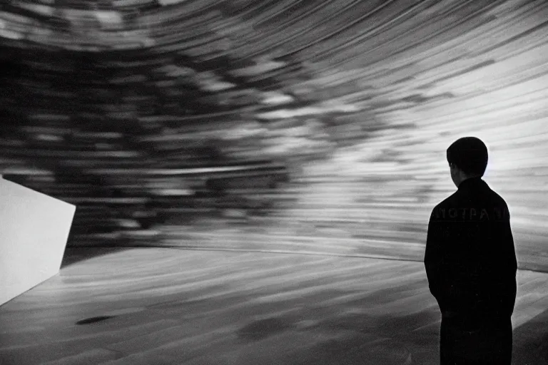 Image similar to black and white photography, a young man stands in the planetarium, decisive moment, anri cartier bresson