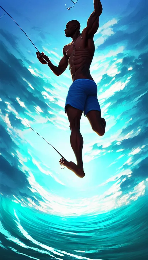 Image similar to highly detailed portrait of one athletic modern jamaican man, fishing, magical glowing fishing rod, ocean background, symmetry, unreal engine, fantasy art by greg rutkowski, loish, rhads, makoto shinkai and lois van baarle, ilya kuvshinov, rossdraws, tom bagshaw, global illumination, radiant light, detailed and intricate environment