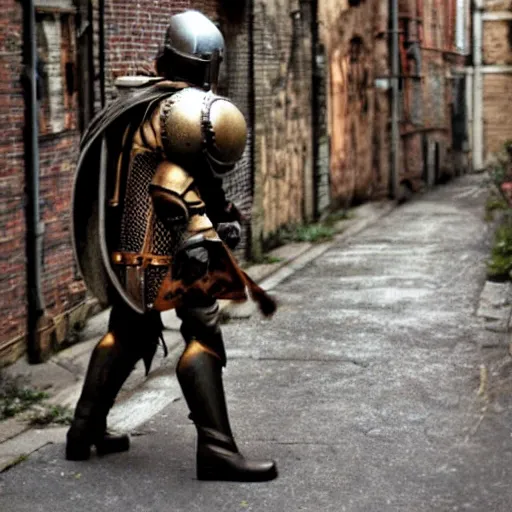 Image similar to a steampunk knight walking down an alley