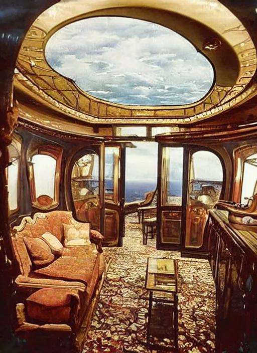 Prompt: captain nemo's luxury victorian living room on the nautilus with views out porthole windows of ocean life