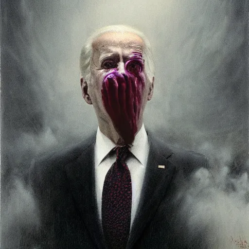 Image similar to presidential portrait of joe biden with shadowy mist pouring from mouth and nose as slenderman, by beksinski, jon mcnaughton, and stephen gammell