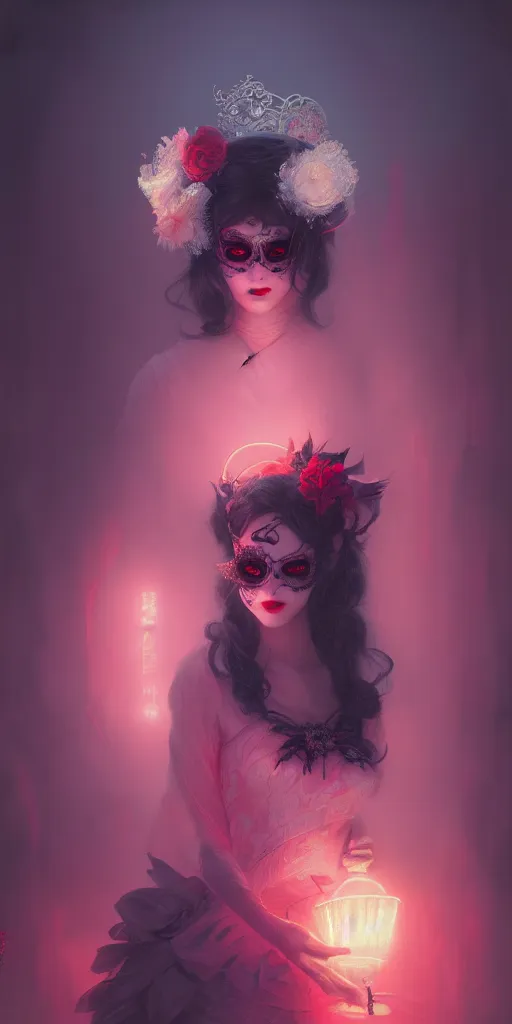 Image similar to lolita, alterd carbon, vampre the masquerade, geisha, neon, atmospheric, detailed intricate render, fibbonacci, dark atmosphere, detailed illustration, hd, 4 k, digital art, overdetailed art, surrealistic, by greg rutkowski, by loish, complementing colors, trending on artstation, deviantart