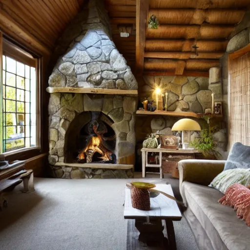 Image similar to interior of cozy stone cottage with english and japanese style, forest theme