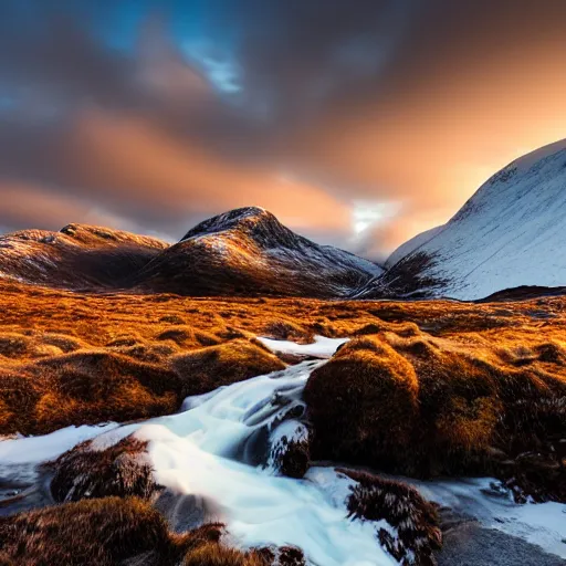 Prompt: landscape photography, golden hour, Glencoe mountain Scotland, snowy, icy stream, stag, antlers, sunrise, clear sky