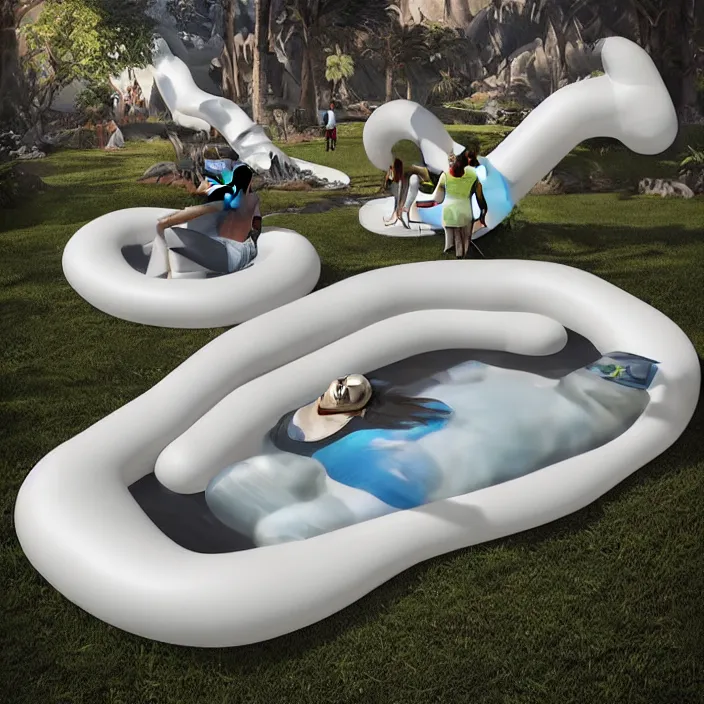 Image similar to minimal modernist bauhaus style neverending story inflatable pool floats, ultra realistic, concept art, intricate details, serious, highly detailed, photorealistic, octane render, 8 k, unreal engine, art by todd mcfarlane and artgerm and greg rutkowski and alphonse mucha