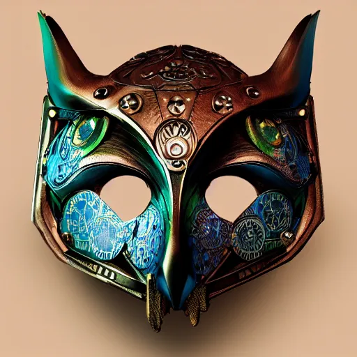 Prompt: steampunk tribal mask, owl, japanese pottery, vivid colors, wood, metal, intricate details, trending on cgsociety, concept art, glowing eyes, sharp focus, ultra realistic details, cinematic atmosphere, global illumination, shadows