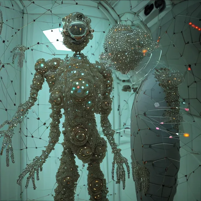 Image similar to a cybernetic symbiosis of a single astronaut mech-organic eva suit made of pearlescent wearing knitted shiny ceramic multi colored yarn thread infected with diamond 3d fractal lace iridescent bubble 3d skin dotted covered with orb stalks of insectoid compound eye camera lenses floats through the living room, film still from the movie directed by Denis Villeneuve with art direction by Salvador Dalí, wide lens,kevlar,carbon fiber,ceramics,gaseous materials,