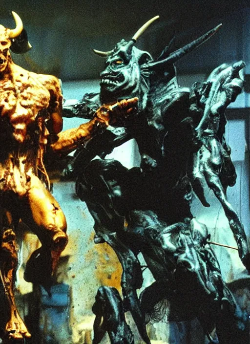 Image similar to horror practical fx of an cyber minotaur being defeated. art by ridley scott and david cronenberg 1 9 7 0