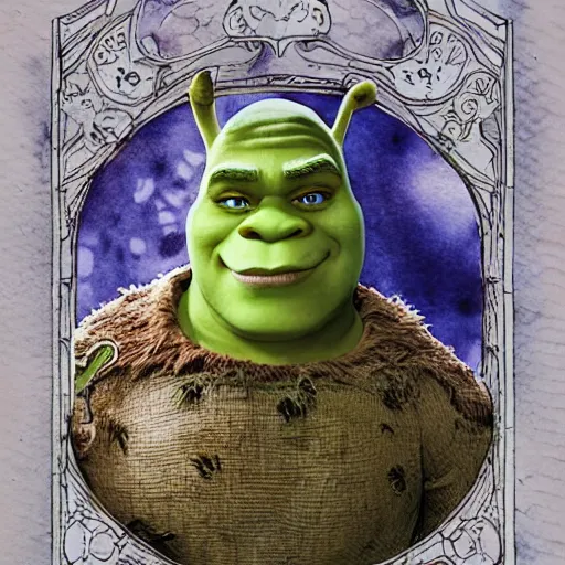 Image similar to Shrek 2 illustrated by Yoshitaka Amano highly detailed watercolor