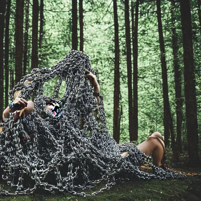 Prompt: a woman wrapped in chains, dragging a pile of chains, in a forest, by Erik Almas, CANON Eos C300, ƒ1.8, 35mm, 8K, medium-format print