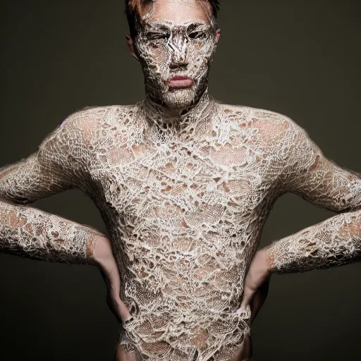 Image similar to a portrait of a beautiful young male wearing an alexander mcqueen bodysuit made of lace , photographed by andrew thomas huang, artistic