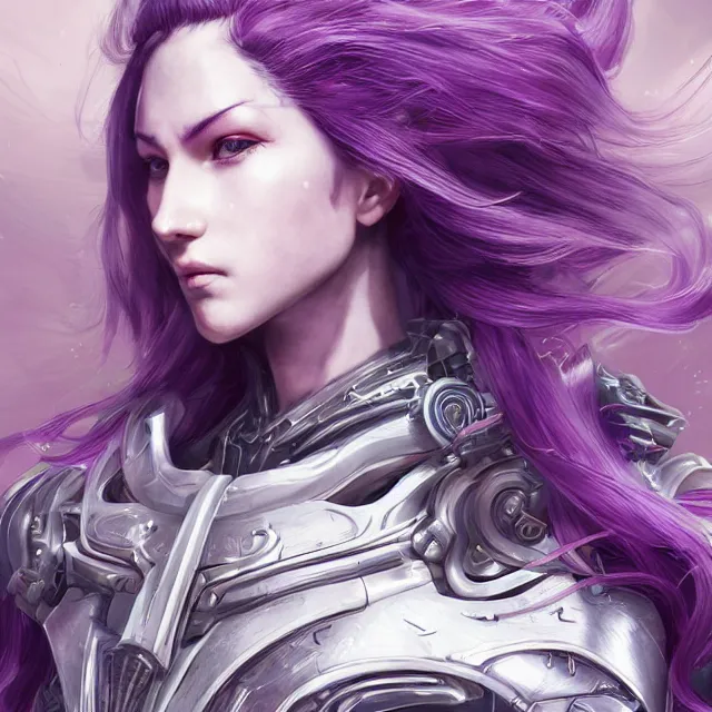 Image similar to close facial portrait of a pale woman in futuristic bionic armor with flowing purple hair, elegant, stoic, intense, ultrafine hyperdetailed illustration by kim jung gi, irakli nadar, intricate linework, sharp focus, bright colors, octopath traveler, final fantasy, hearthstone, highly rendered, global illumination, radiant light, detailed, intricate environment