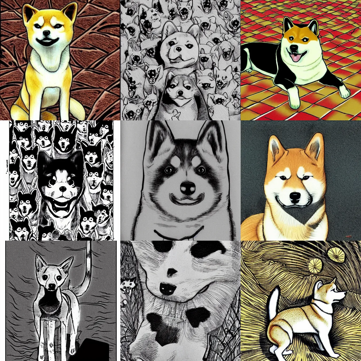 Prompt: shiba inu by junji ito, hyper realistic