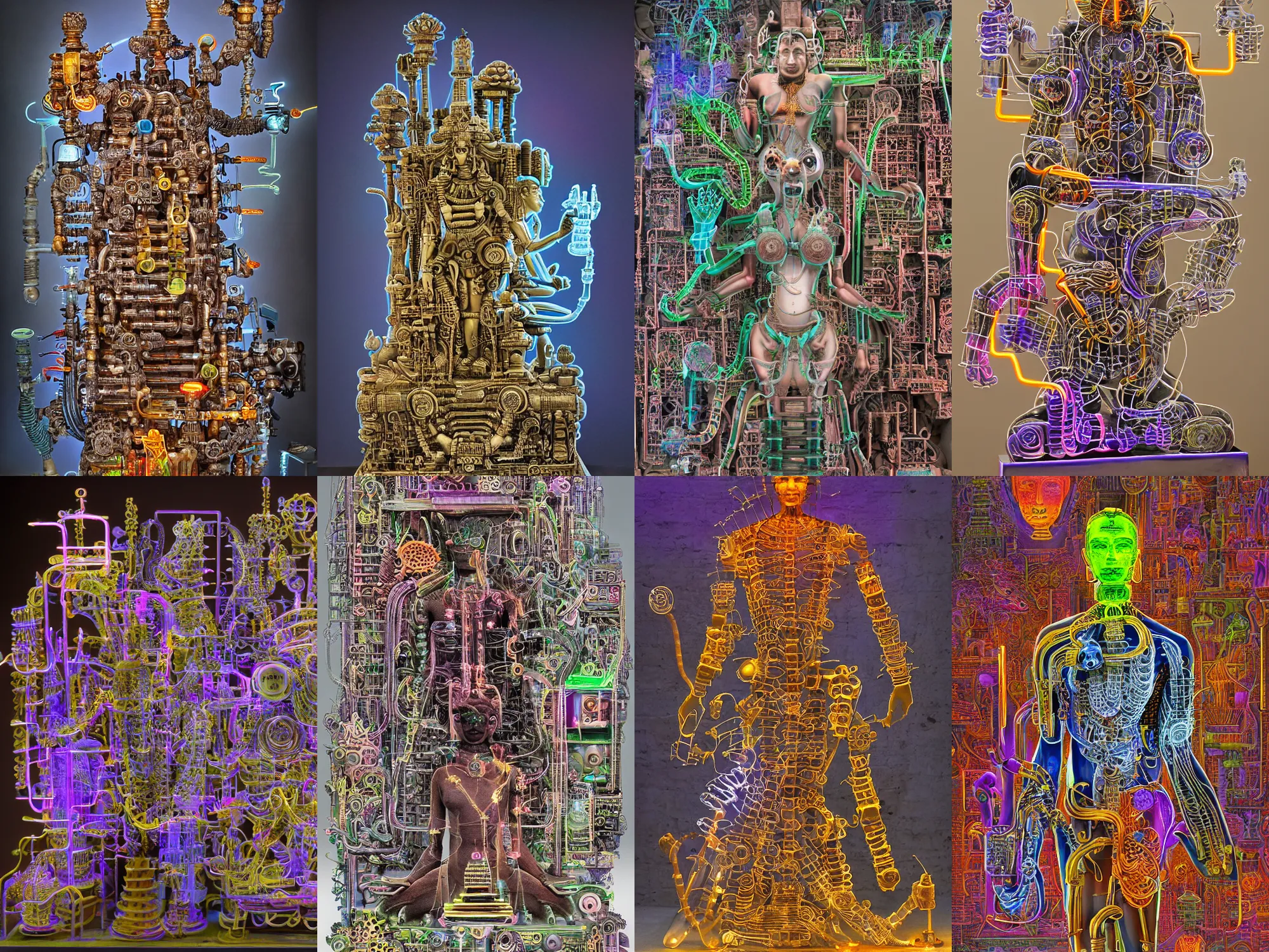 Prompt: at Khajuraho, godes, made from electric condensators Shiva, veins, vibrant, xray, flat shaped chrome relief, fossil, MINIATURE CITY, mechanic bionic fungus flower cyberpunk cat mechabot, by david lachapelle, maze, tubes, joints, buttons, gears, relief by Goga Tandashvili, neon tube by jonas burgert