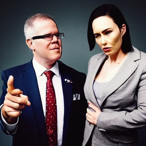 Image similar to scott morrison and jacinda ardent on a nineties rap album cover. they are a married couple and are throwing money in the air and smoking cigars. also they are wearing caps backwards.