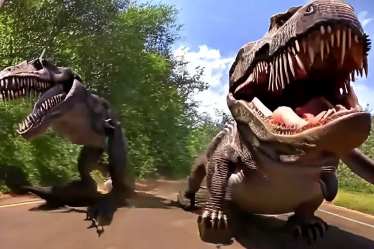 Prompt: gopro footage of being chased by a t - rex