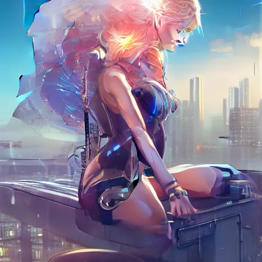 Prompt: beautiful cyborg - angel girl sitting on rooftop overlooking a floating city, rainfall,, long curly blonde hair, golden watery eyes, full round face, biomechanical details, digital cyberpunk anime art, full body shot, reflections, lens flare, wlop, ilya kuvshinov, artgerm, krenz cushart, greg rutkowski