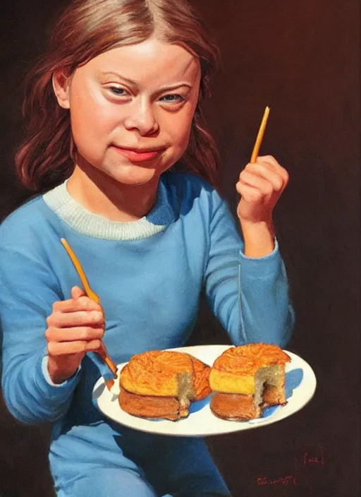 Image similar to greta thunberg eating cakes, artwork by earl norem, detailed digital art, trending on Artstation