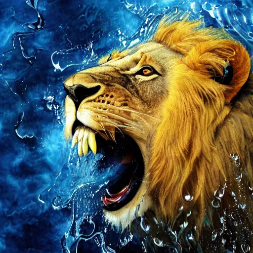 Image similar to a male lion's face breaching through a wall of water, water sprites, splashing, deep blue water color, highly detailed