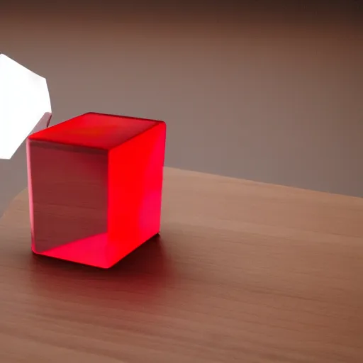 Prompt: a translucent red cube on a wooden table, unreal engine 5, trending on artstation