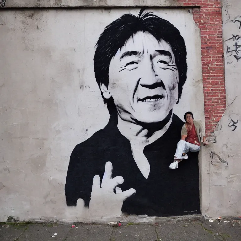 Image similar to Street-art full-body portrait of Jackie Chan in style of Banksy