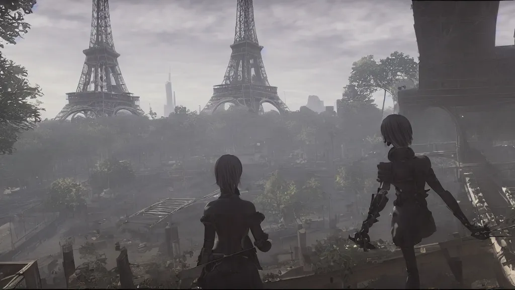 Image similar to Screenshot from Nier Automata, near the Eiffel tower in Paris