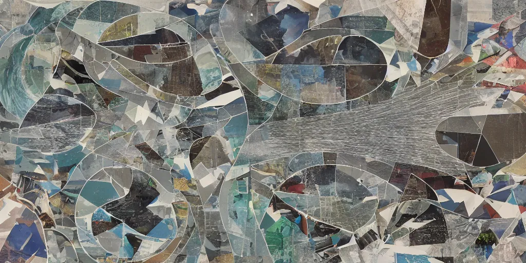 Image similar to A collage of a river reaching to the moon, mid-century modern, made of random shapes cut from magazines