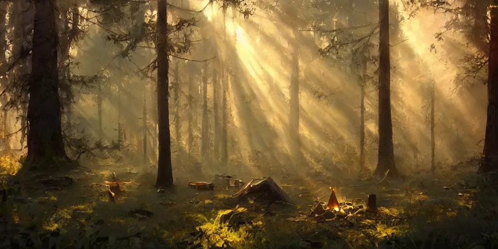 Image similar to A Craig Mullins oil painting of a hauntingly beautiful forest in the morning with a small campfire; rays of light coming through the canopy; trending on artstation; extraordinary masterpiece!!!!!!; 8k