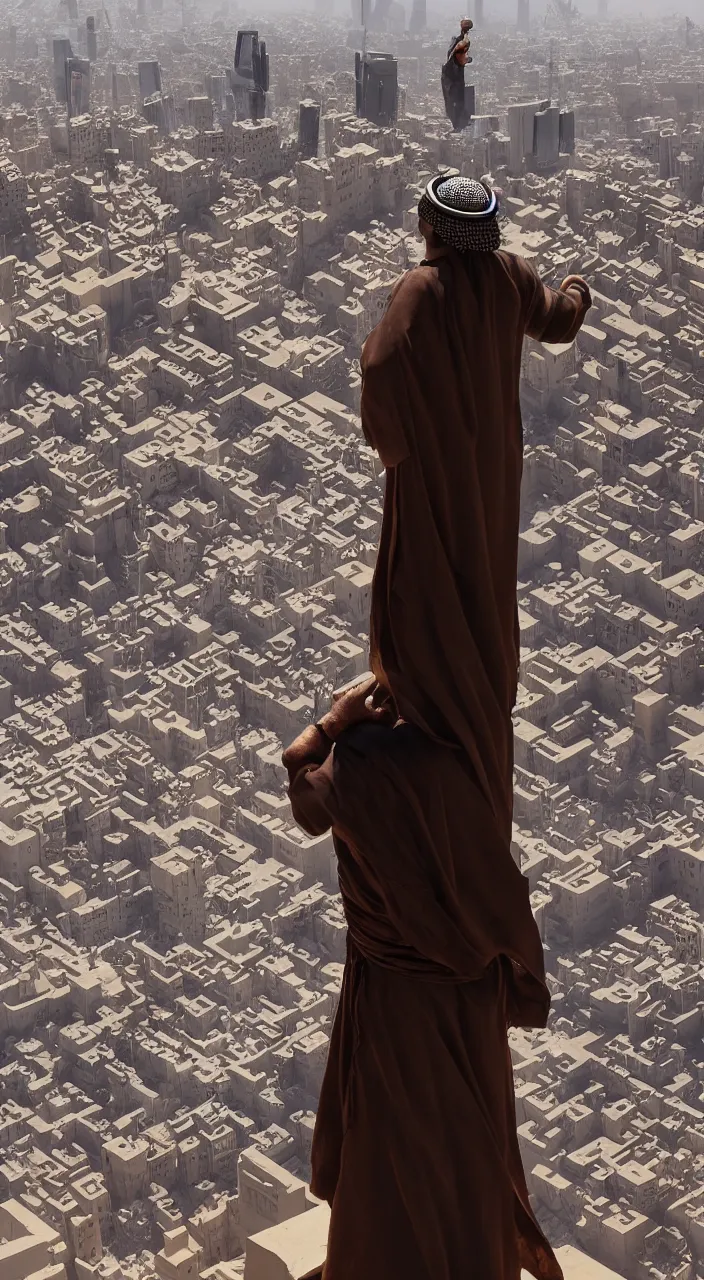 Prompt: arab man overlooking a ledge towards the city below in riyadh city | highly detailed | very intricate | cinematic lighting | by asher brown durand and eddie mendoza | featured on artstation